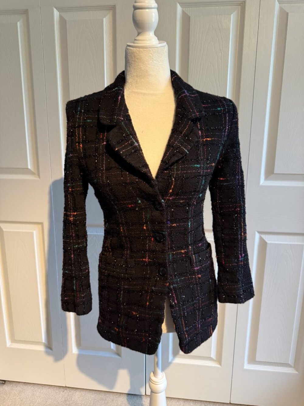 Women's Lauren Meren Vintage Black Tweed Sparkle Multicolor Plaid Blazer Coat XS